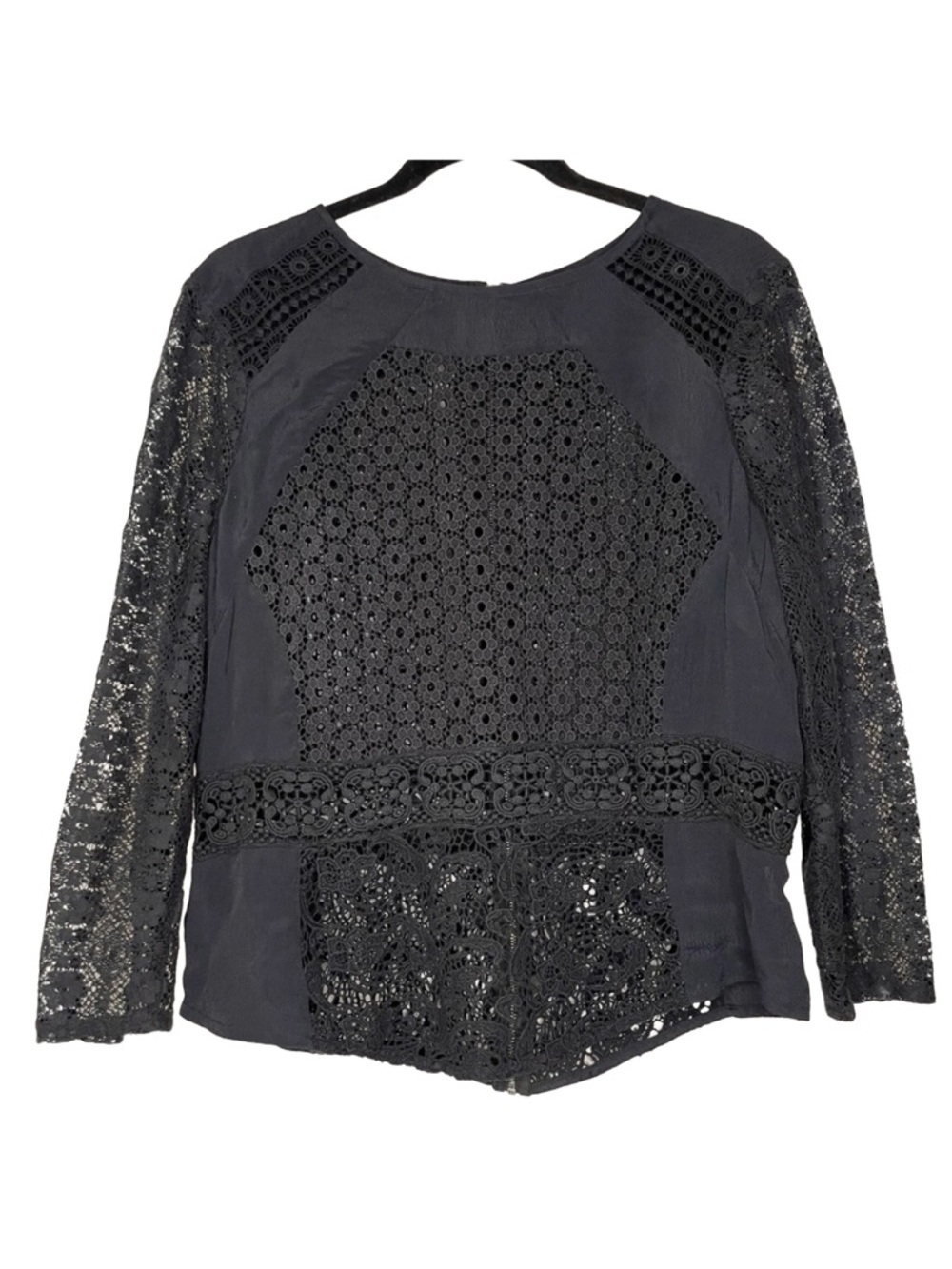 Lucky Brand Black Crochet Lace Long Sleeve Boho Top Size Large